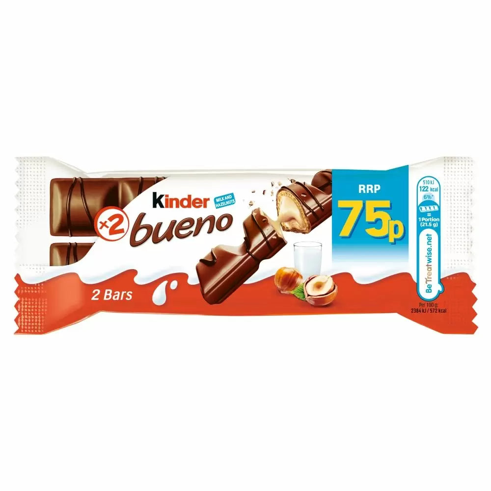 Kinder Bueno Milk & Hazelnuts Chocolate Bar 43g PMP 85p - 30 Count