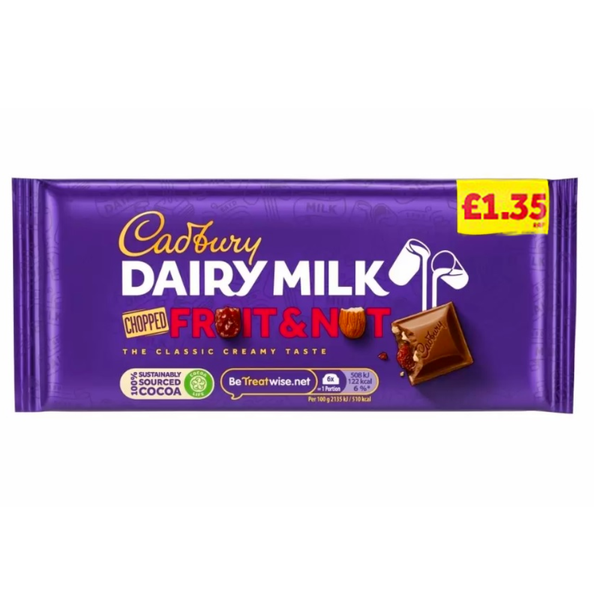 Cadbury Dairy Milk Fruit & Nut Chocolate Bar 120g PMP £1.35 - 22 Count