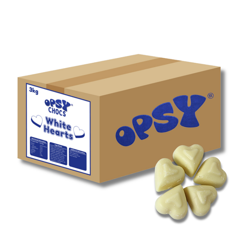 Opsy Chocolate White Hearts - 3kg Bulk Box